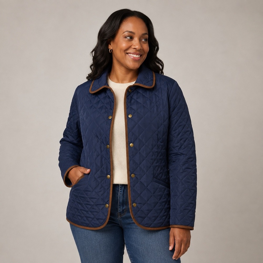 Talbots Quilted Barn Jacket Womens MP Navy Blue Suede Trim Snap Front Classic